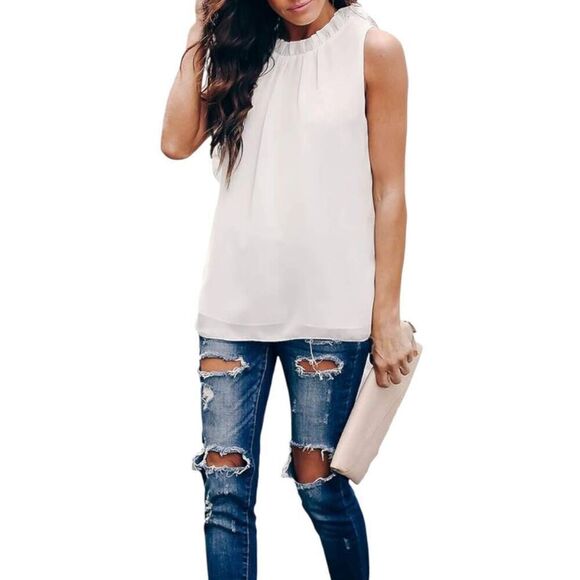 ALLIMY WHITE WOMEN SUMMER RUFFLE TRIM NECKLINE TANK TOPS DOUBLE LINED CHIFFON BL - Picture 3 of 12